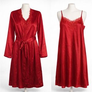 Vtg Morgan Taylor Robe Nightie Set Red Satin Lace Sequin Lingerie Robe M Whimsy